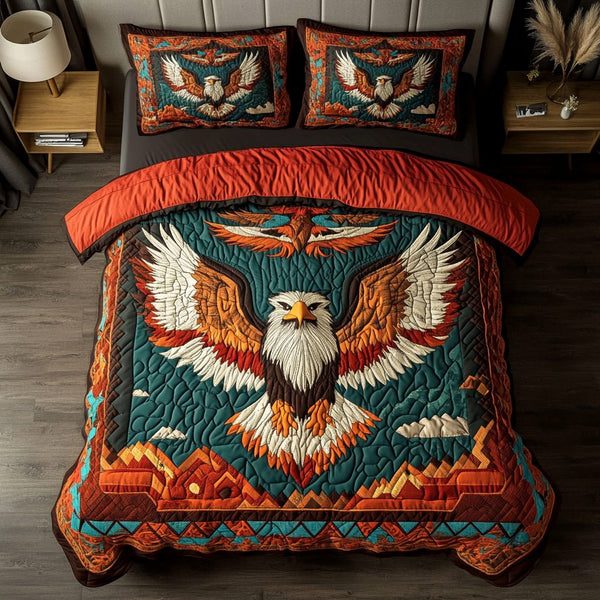Wind Guardian quilted 3-piece bedding set on a made bed with two matching pillow shams