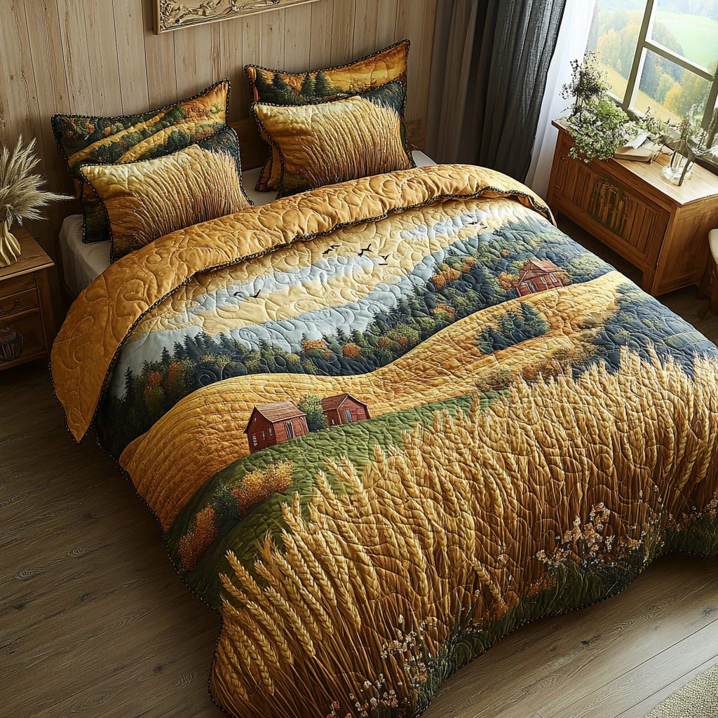 Wind in Wheat quilted 3-piece bedding set on a made bed with two matching pillow shams