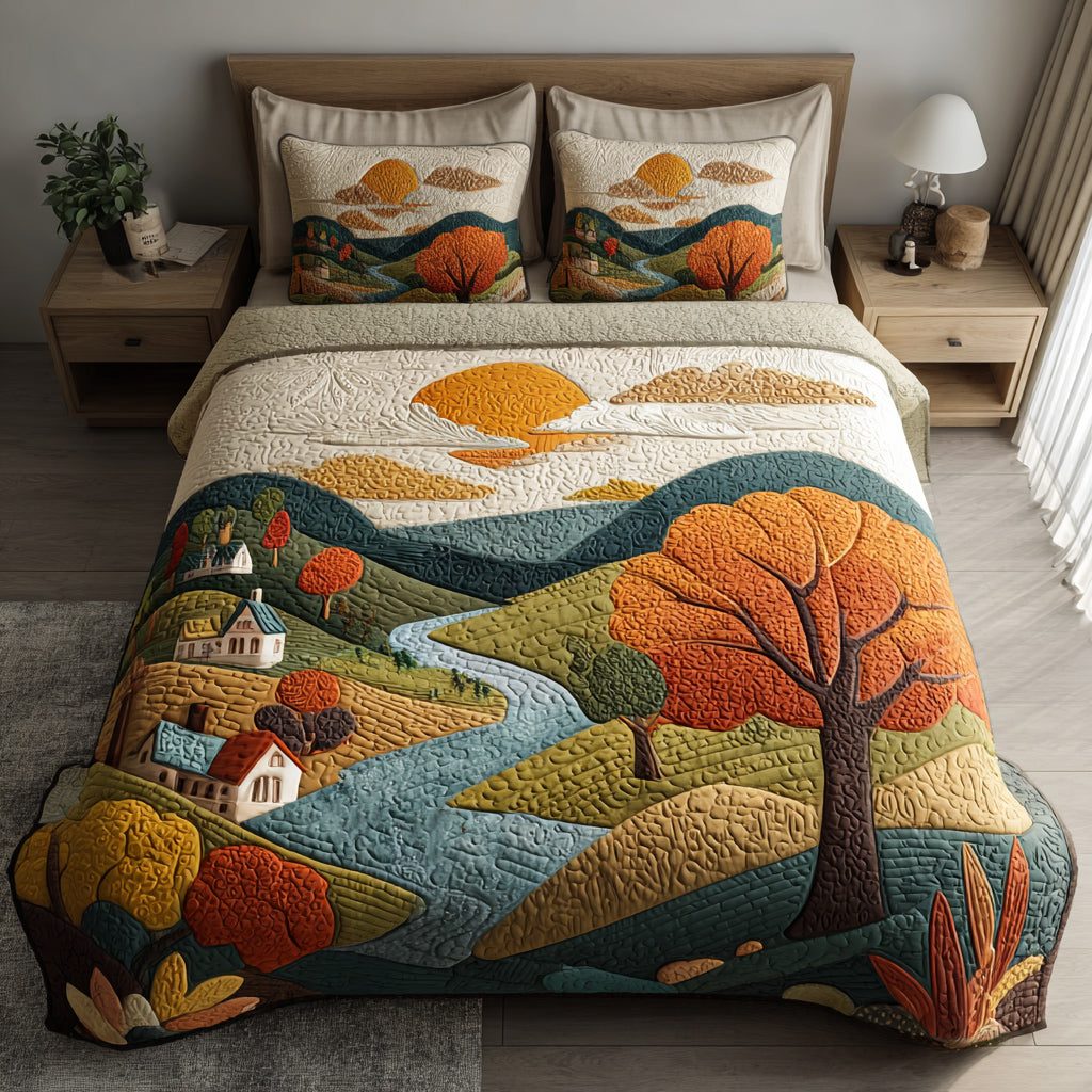 Winding River Sunset quilted 3-piece bedding set on a made bed with two matching pillow shams