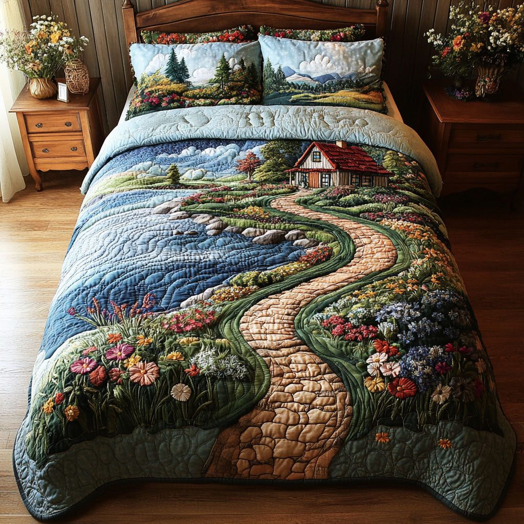 Winding Serenity quilted 3-piece bedding set on a made bed with two matching pillow shams