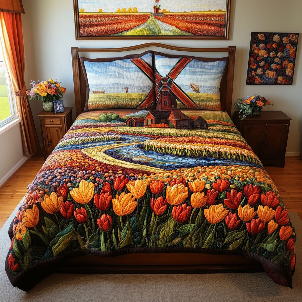 Windmill Blooms quilted 3-piece bedding set on a made bed with two matching pillow shams