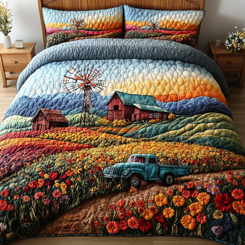 Windmill Dreams quilted 3-piece bedding set on a made bed with two matching pillow shams