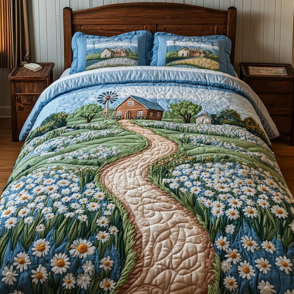 Windmill Dreams quilted 3-piece bedding set on a made bed with two matching pillow shams