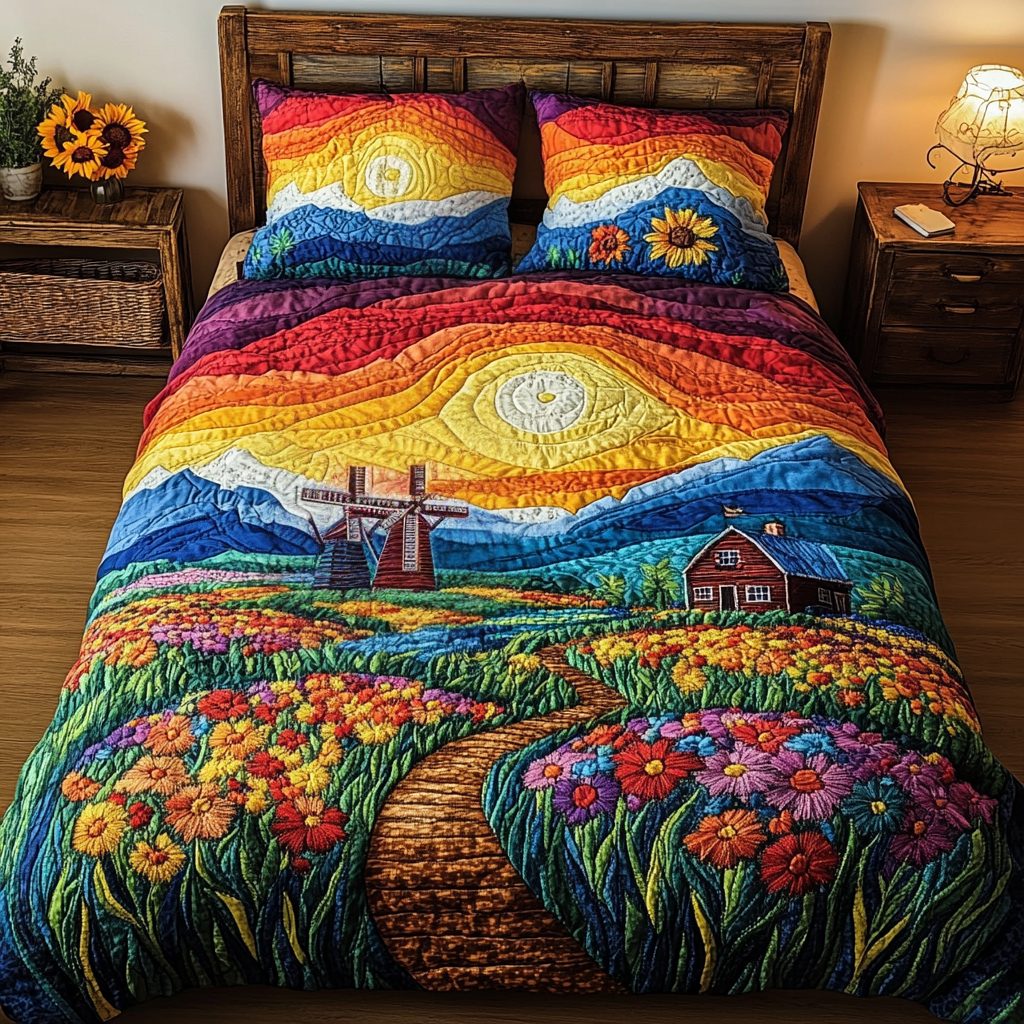 Windmill Garden quilted 3-piece bedding set on a made bed with two matching pillow shams