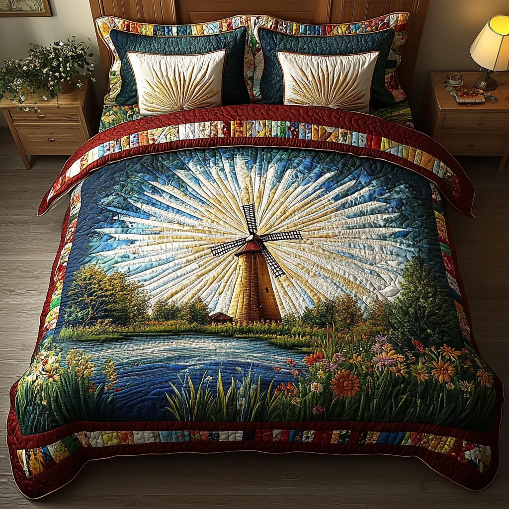 Windmill Serenity quilted 3-piece bedding set on a made bed with two matching pillow shams