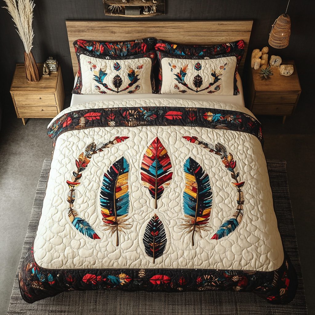 Winds of the West quilted 3-piece bedding set on a made bed with two matching pillow shams