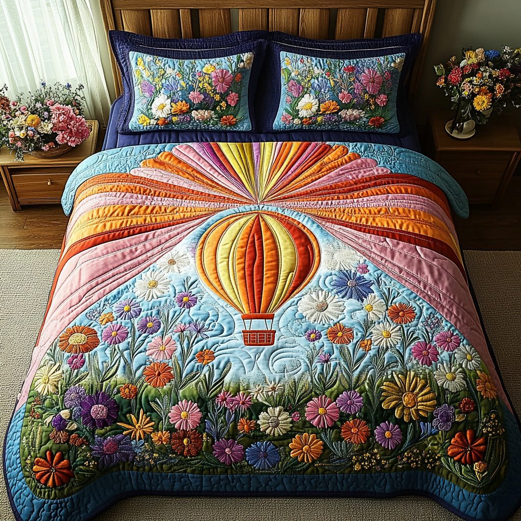 Winds of Wonder quilted 3-piece bedding set on a made bed with two matching pillow shams