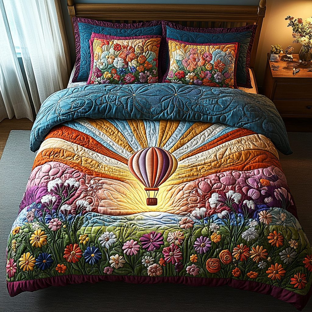 Winds of Wonder quilted 3-piece bedding set on a made bed with two matching pillow shams