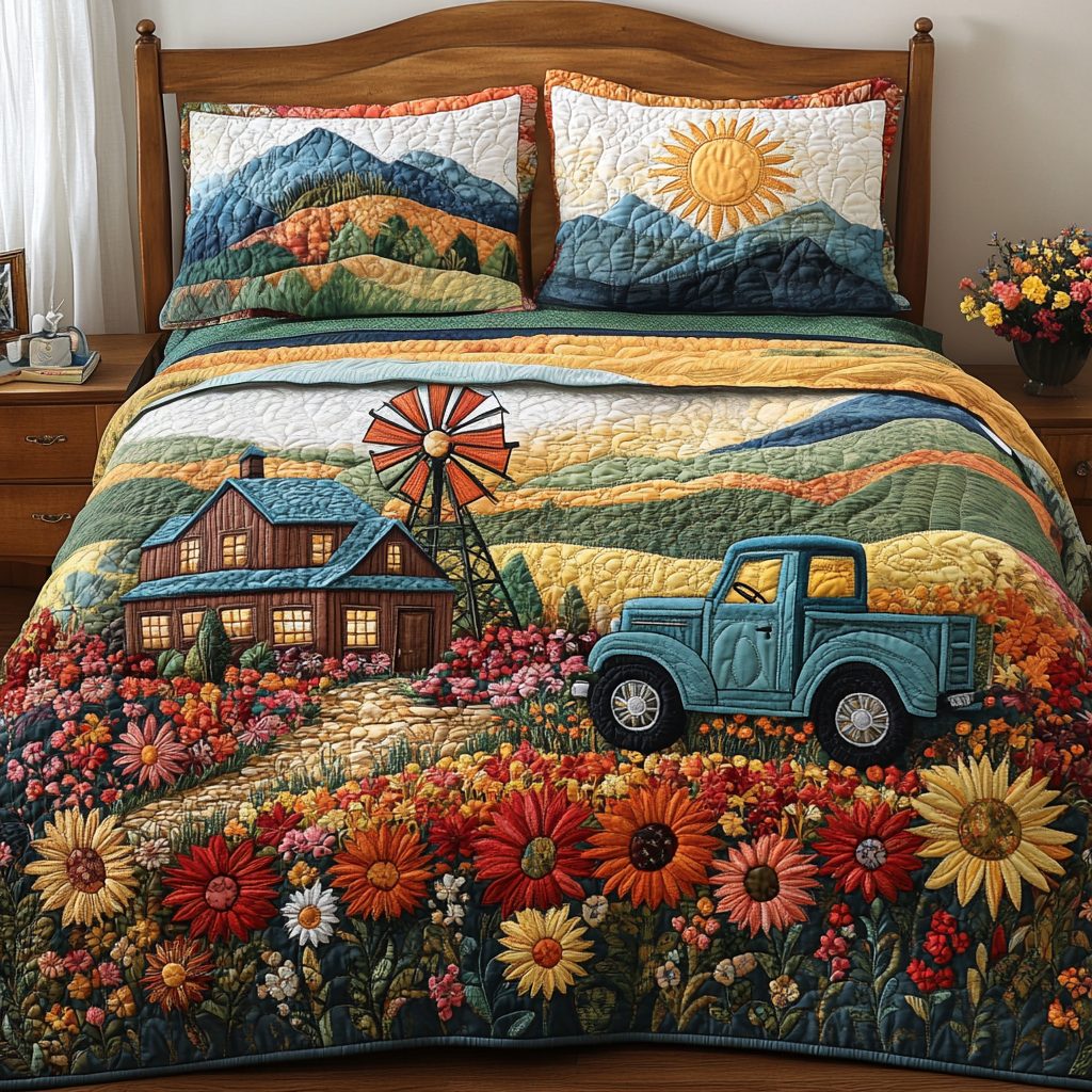 Windswept Views quilted 3-piece bedding set on a made bed with two matching pillow shams