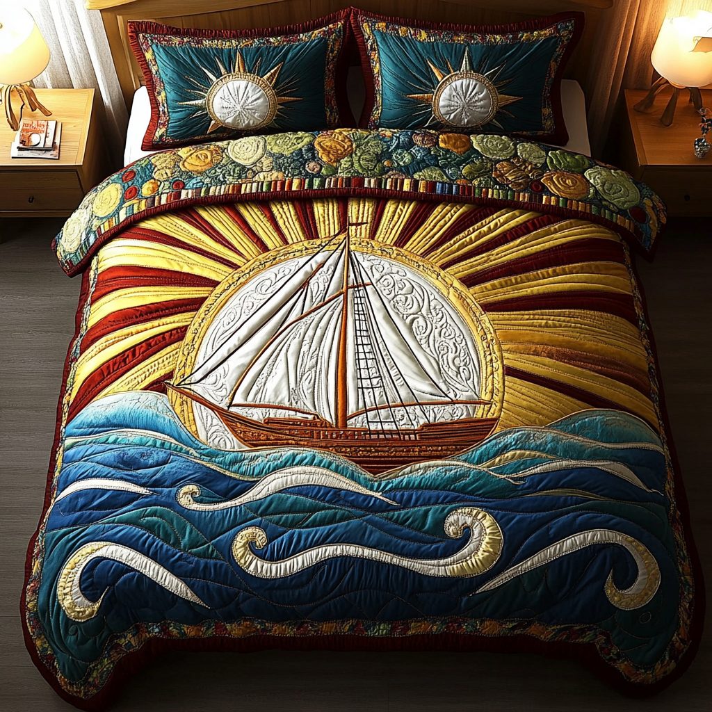 Windward Journey quilted 3-piece bedding set on a made bed with two matching pillow shams