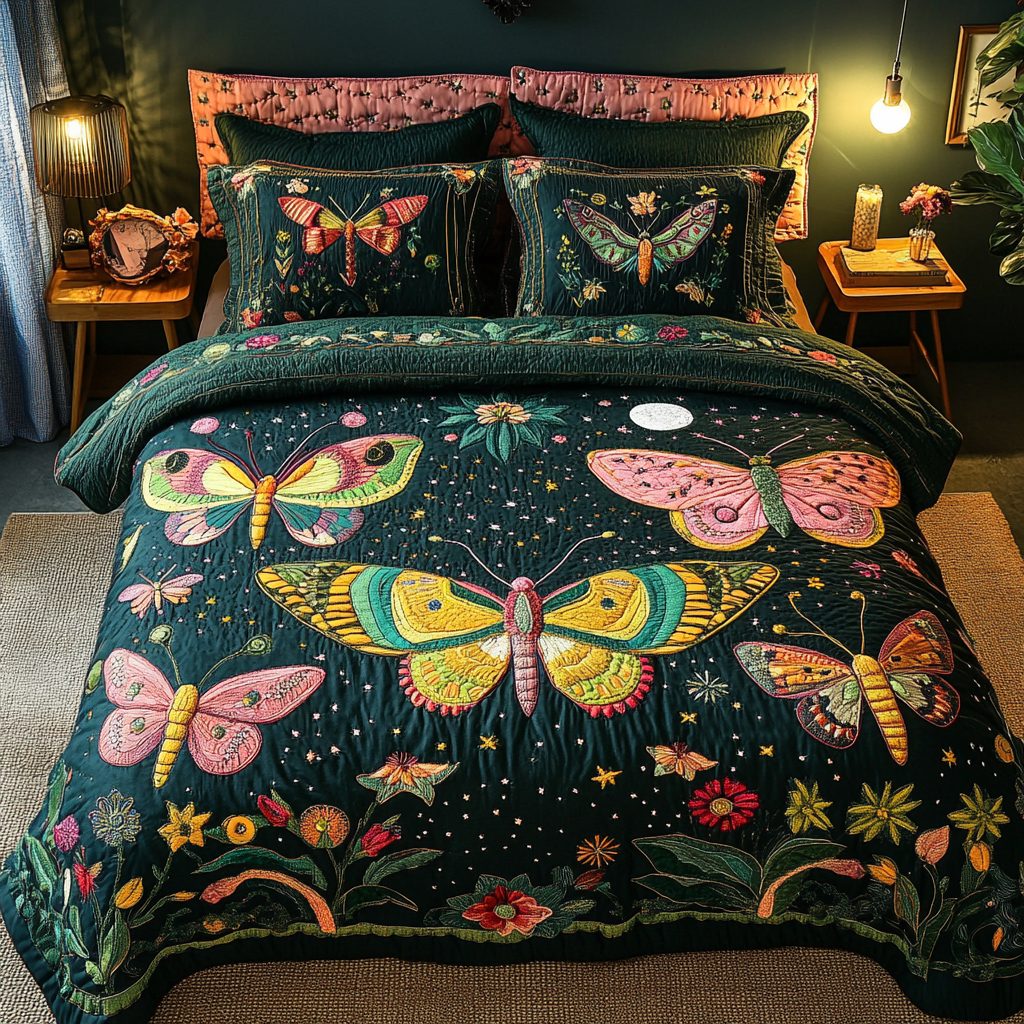 Wing Glow quilted 3-piece bedding set on a made bed with two matching pillow shams