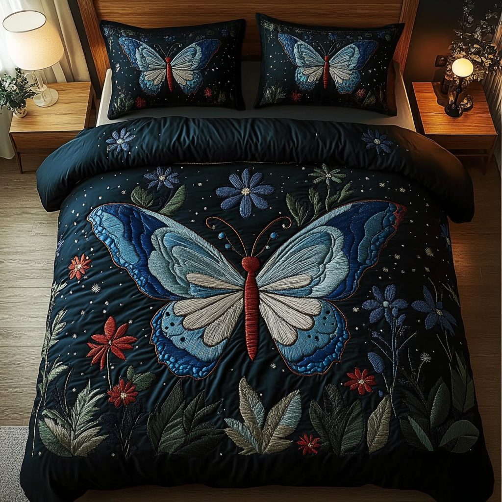 Winged Beauty quilted 3-piece bedding set on a made bed with two matching pillow shams