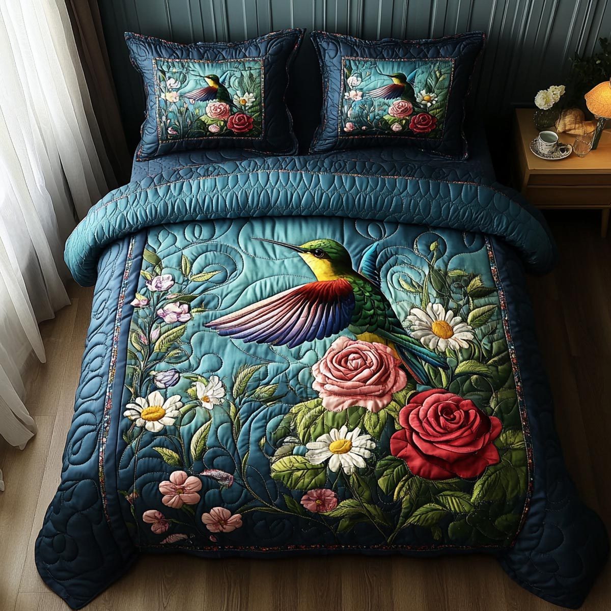 Winged Blossom quilted 3-piece bedding set on a made bed with two matching pillow shams