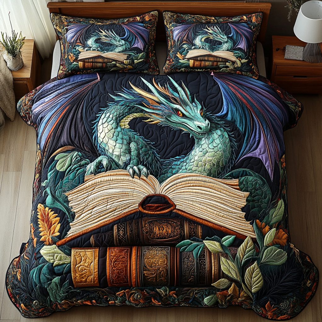 Winged Fury quilted 3-piece bedding set on a made bed with two matching pillow shams