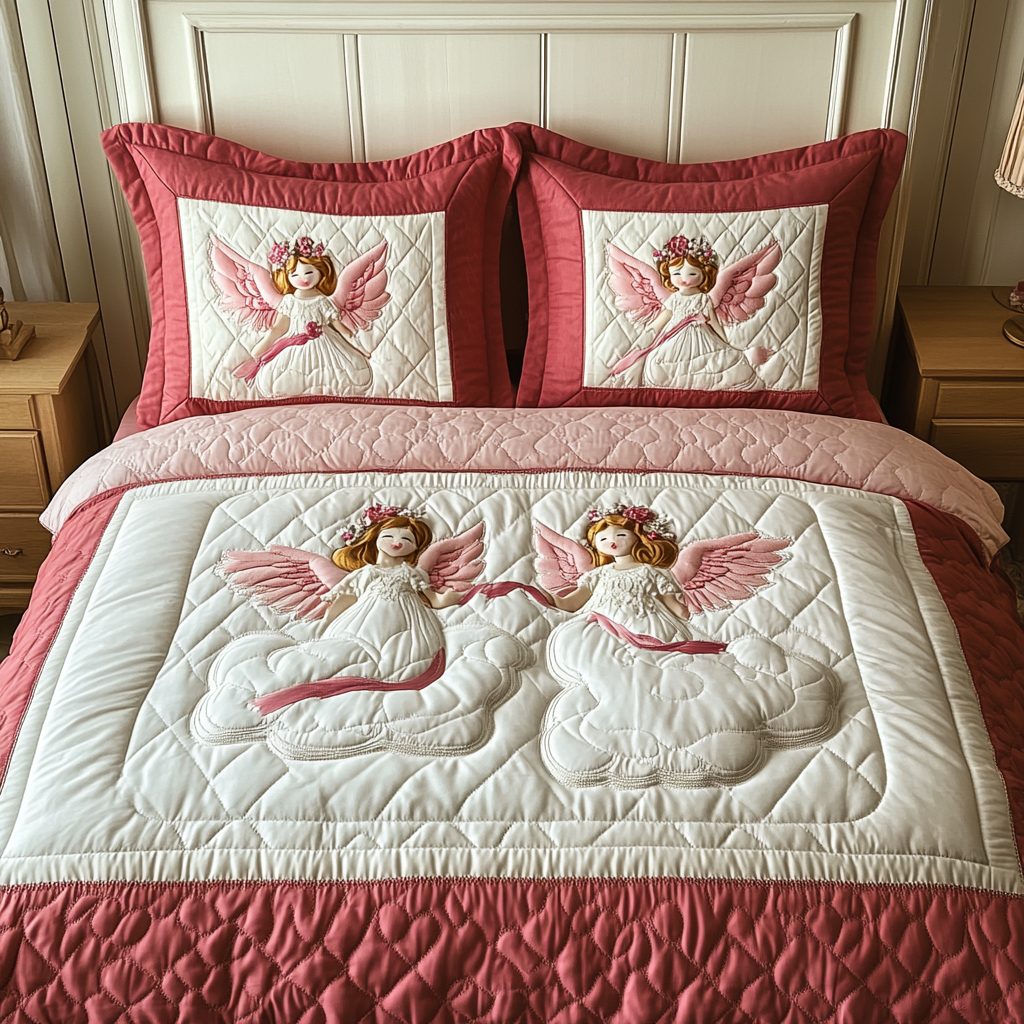 Winged Harmony quilted 3-piece bedding set on a made bed with two matching pillow shams
