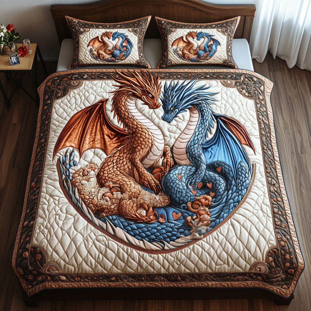 Winged Hearts quilted 3-piece bedding set on a made bed with two matching pillow shams