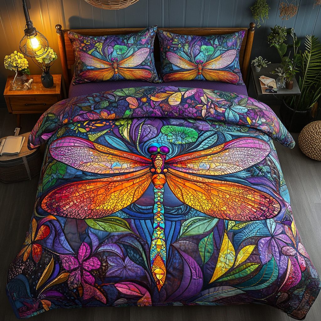 Winged Whimsy quilted 3-piece bedding set on a made bed with two matching pillow shams