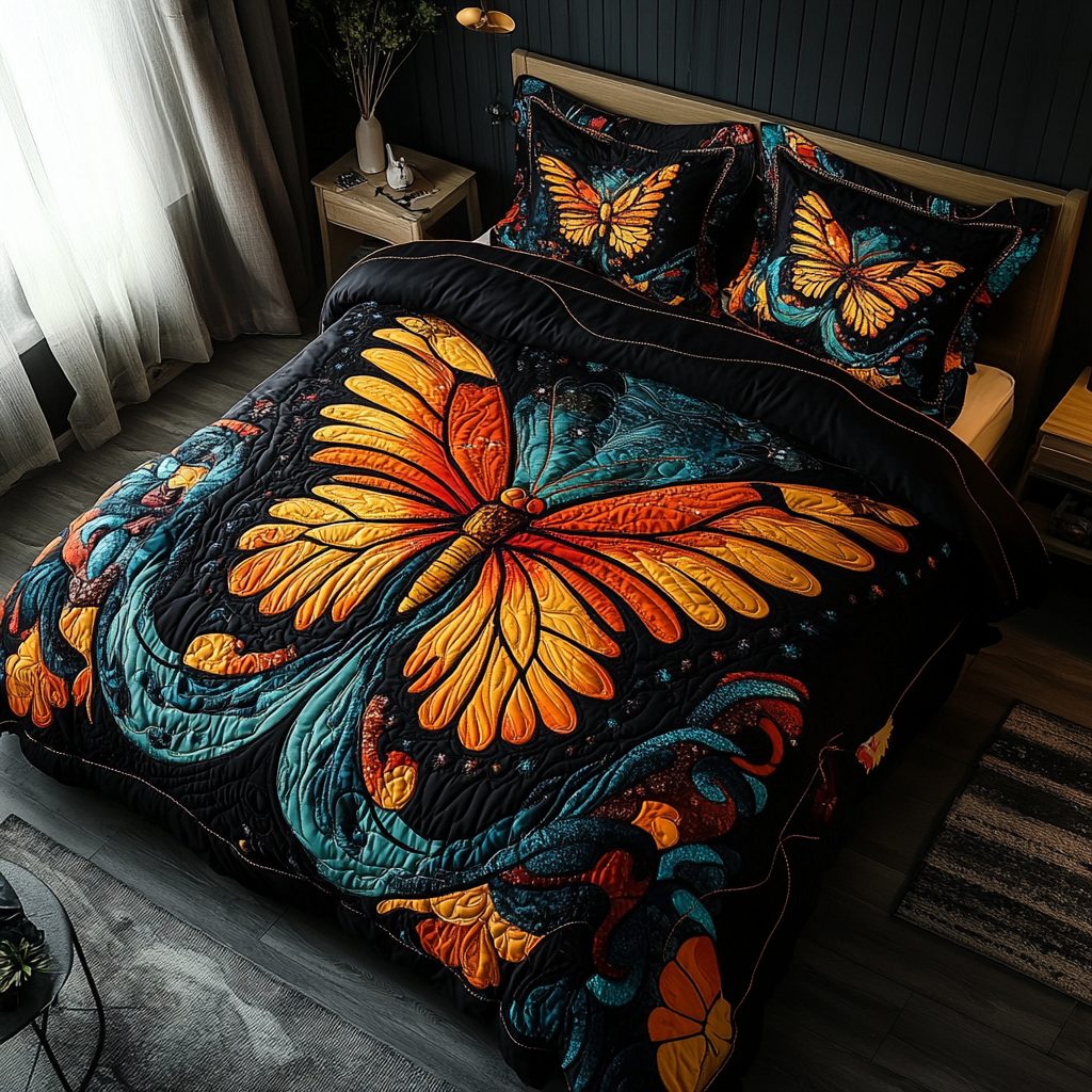 Winged Wonder quilted 3-piece bedding set on a made bed with two matching pillow shams