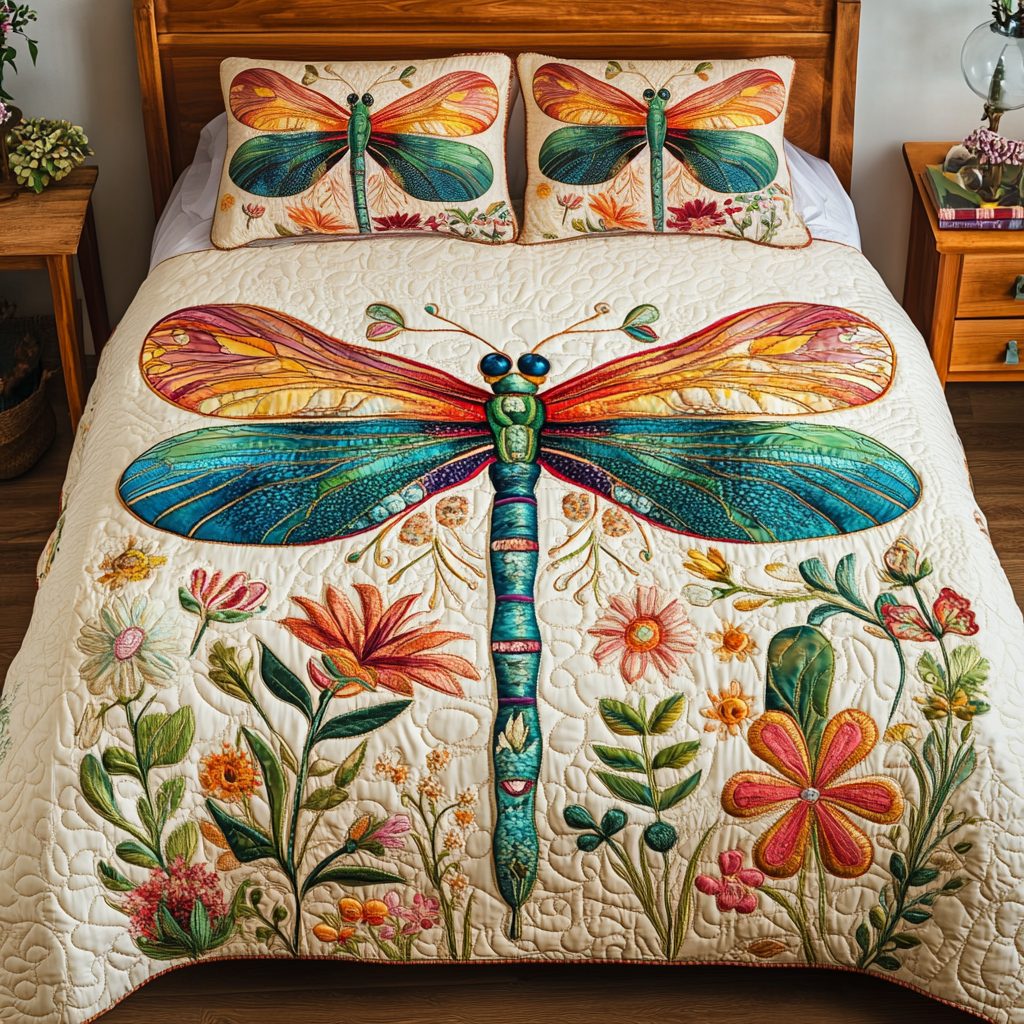 Winged Wonder quilted 3-piece bedding set on a made bed with two matching pillow shams