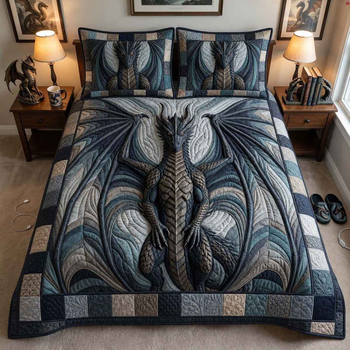 Wingof Dominion quilted 3-piece bedding set on a made bed with two matching pillow shams