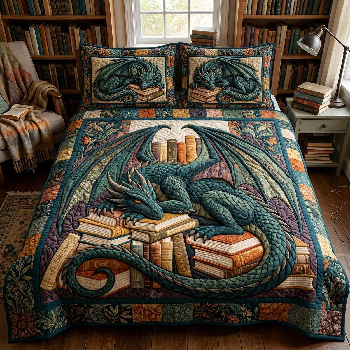 Wingof Dominion quilted 3-piece bedding set on a made bed with two matching pillow shams