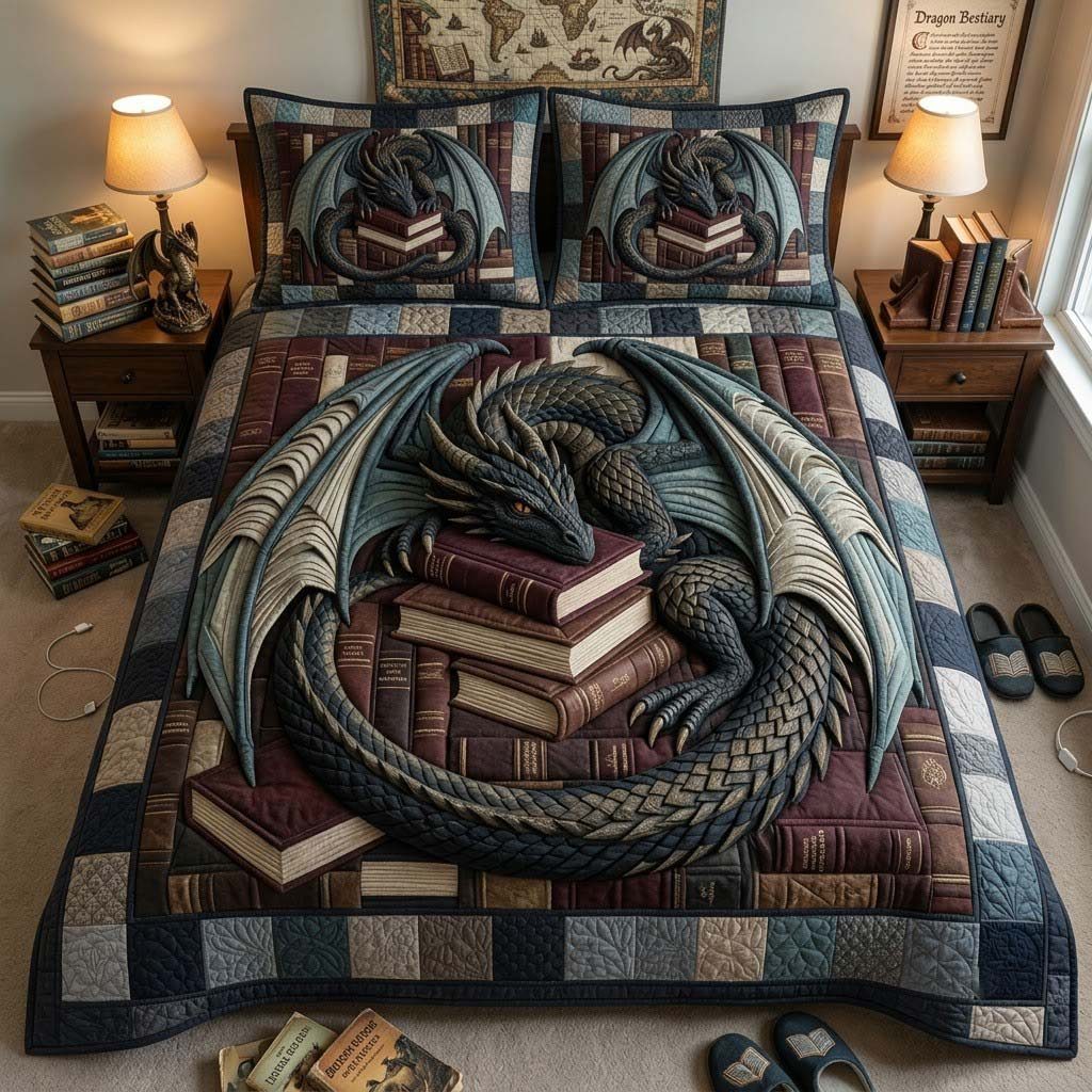Wingof Dominion quilted 3-piece bedding set on a made bed with two matching pillow shams