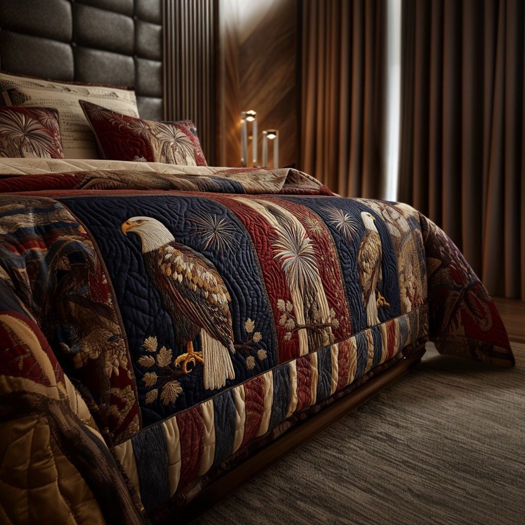 Wings of America quilted 3-piece bedding set on a made bed in a warmly lit bedroom