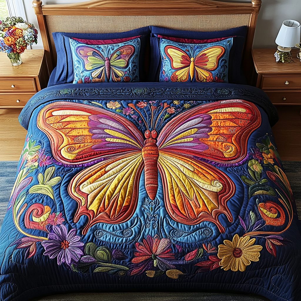 Wings of Elegance quilted 3-piece bedding set on a made bed with two matching pillow shams