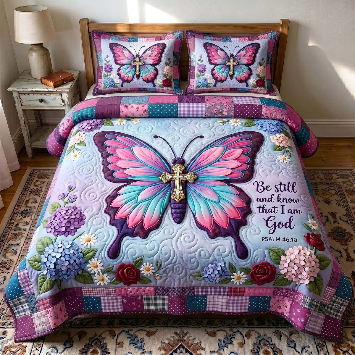 Wings Of Faith quilted 3-piece bedding set on a made bed in a softly lit bedroom