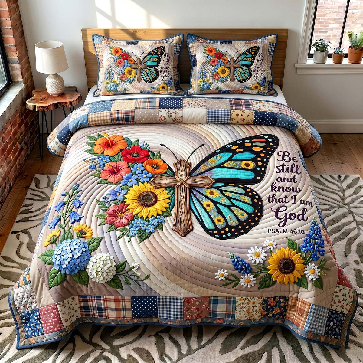 Wings Of Faith quilted 3-piece bedding set on a made bed in a softly lit bedroom