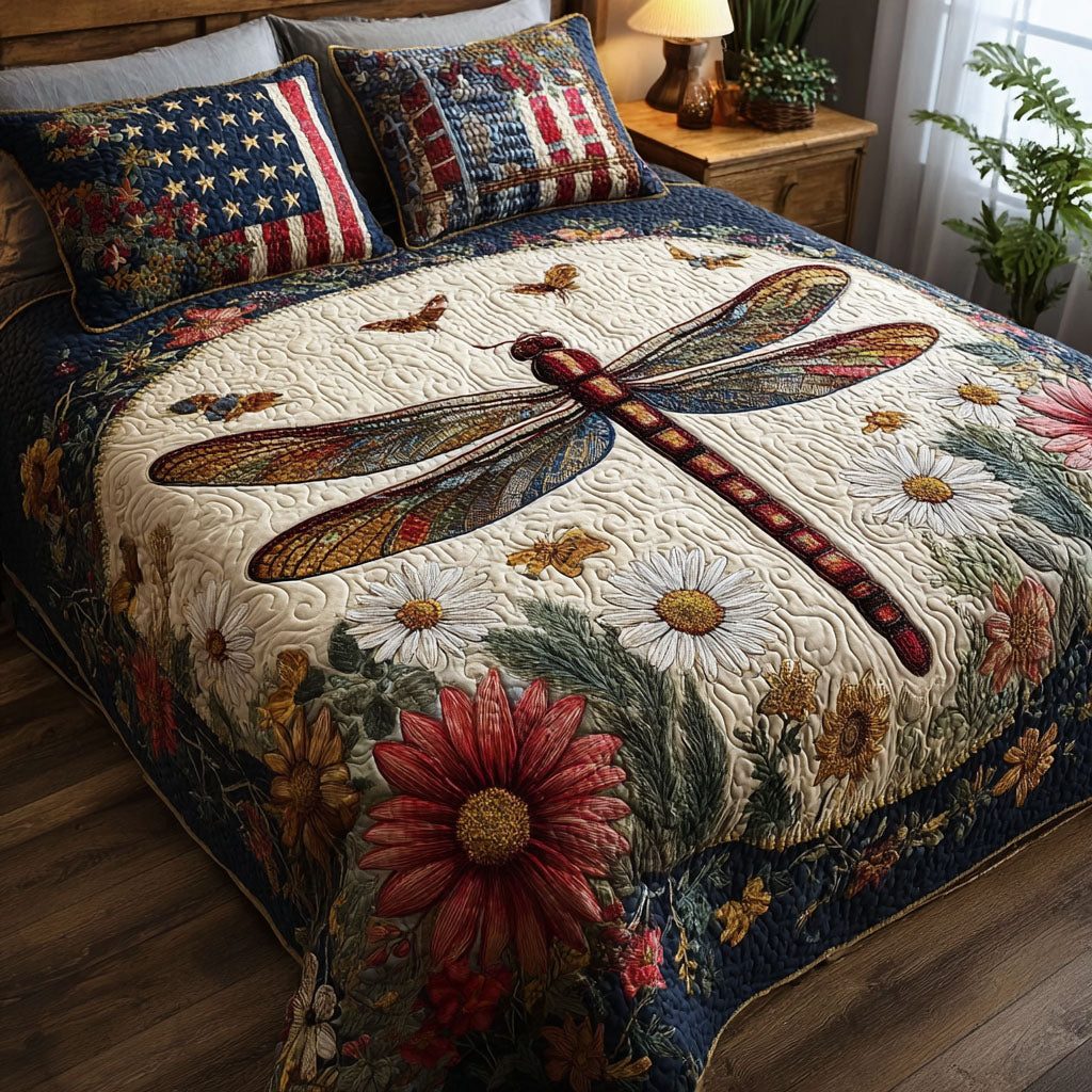 Wings of Freedom quilted 3-piece bedding set on a made bed in a warmly lit bedroom