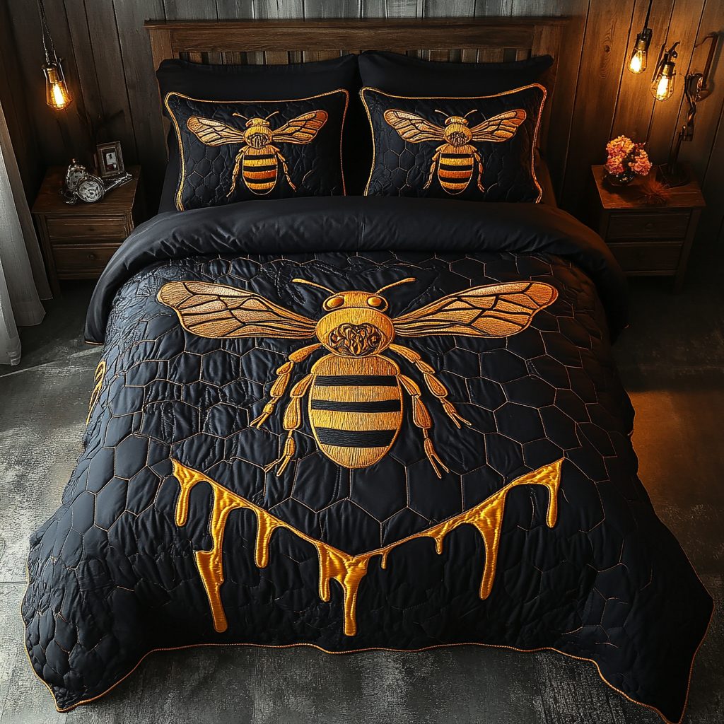 Wings of Gold quilted 3-piece bedding set on a made bed with two matching pillow shams