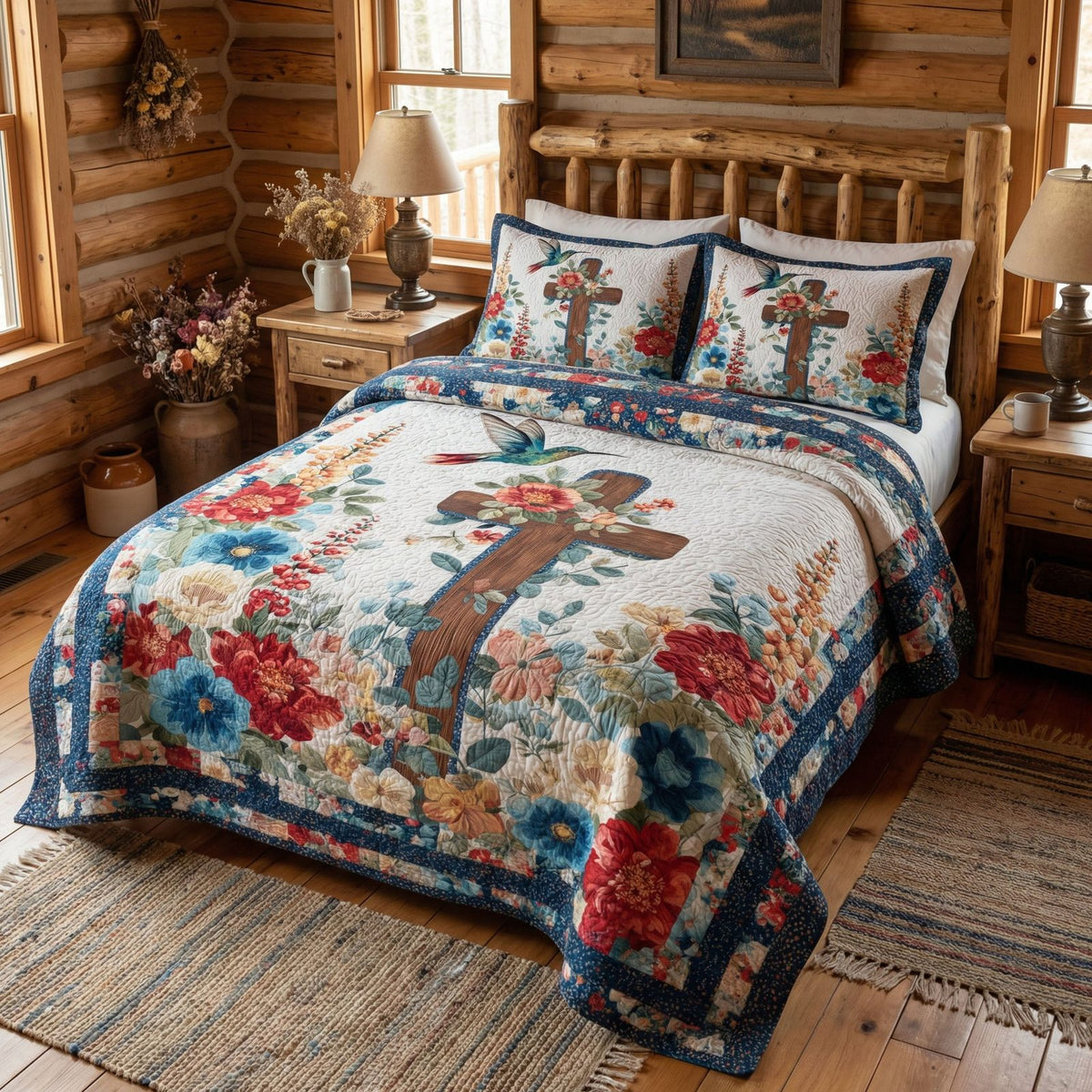 Wings of Grace Garden quilted 3-piece bedding set on a made bed with two matching pillow shams