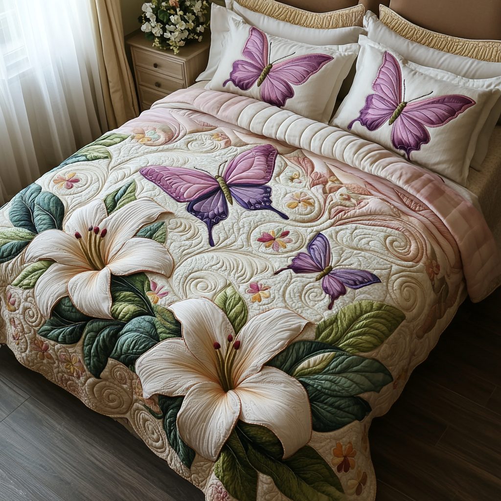 Wings of Grace quilted 3-piece bedding set on a made bed with two matching pillow shams