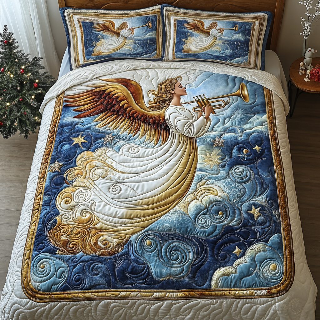 Wings of Harmony quilted 3-piece bedding set on a made bed with two matching pillow shams