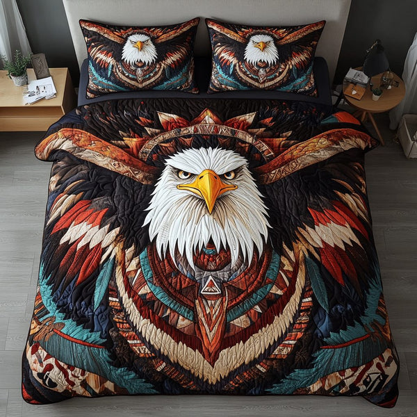 Wings of Honor quilted 3-piece bedding set on a made bed in a warmly lit bedroom