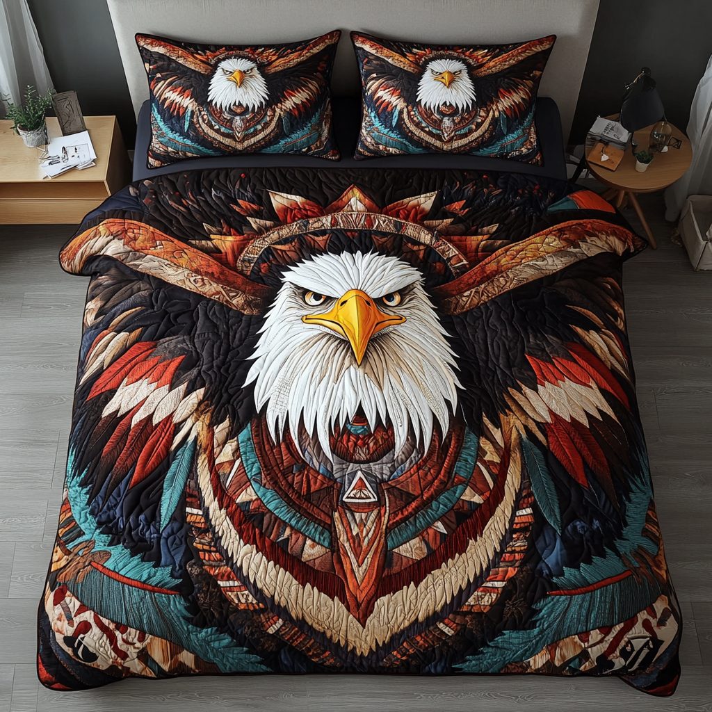 Wings of Honor quilted 3-piece bedding set on a made bed in a warmly lit bedroom