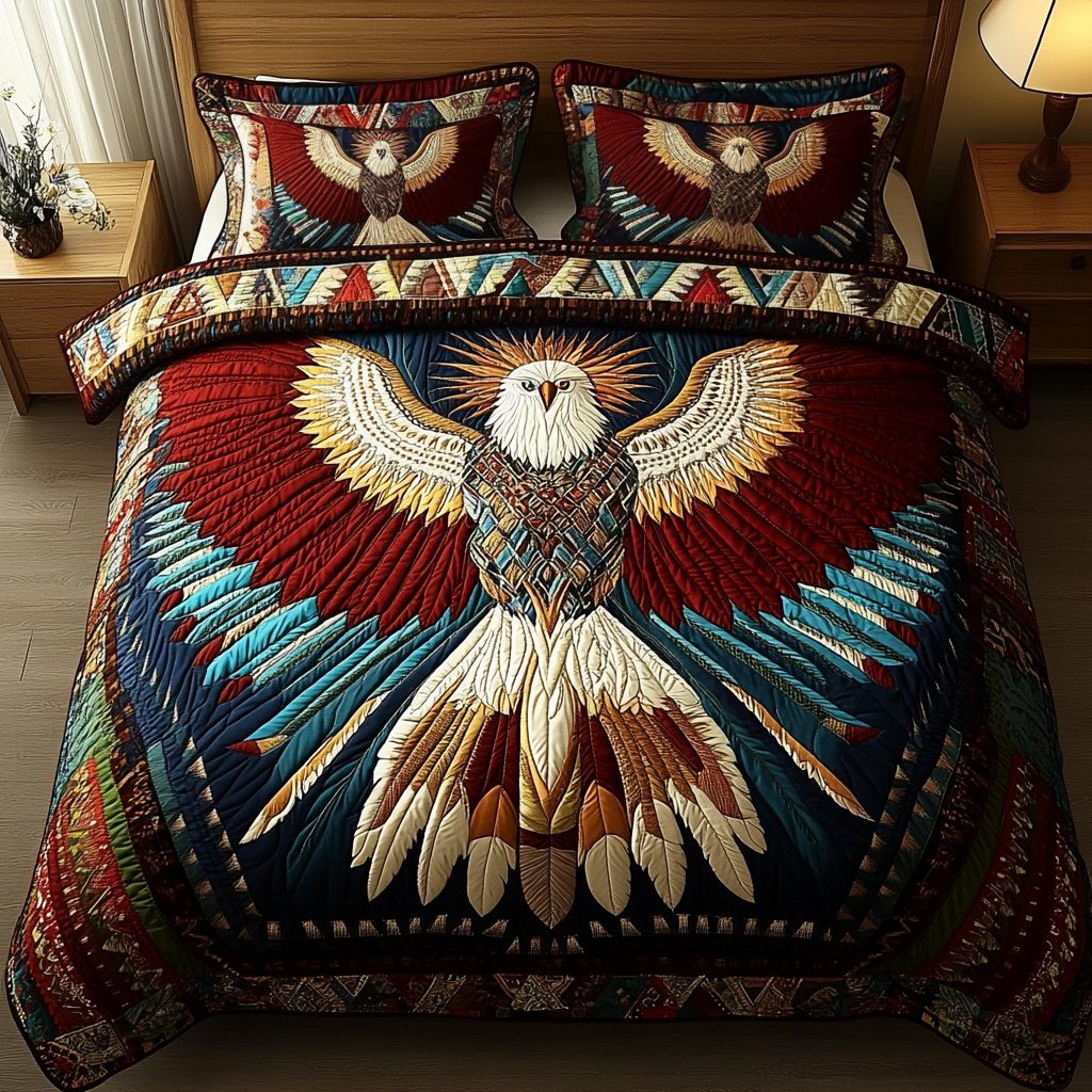 Wings of Honor quilted 3-piece bedding set on a made bed in a warmly lit bedroom