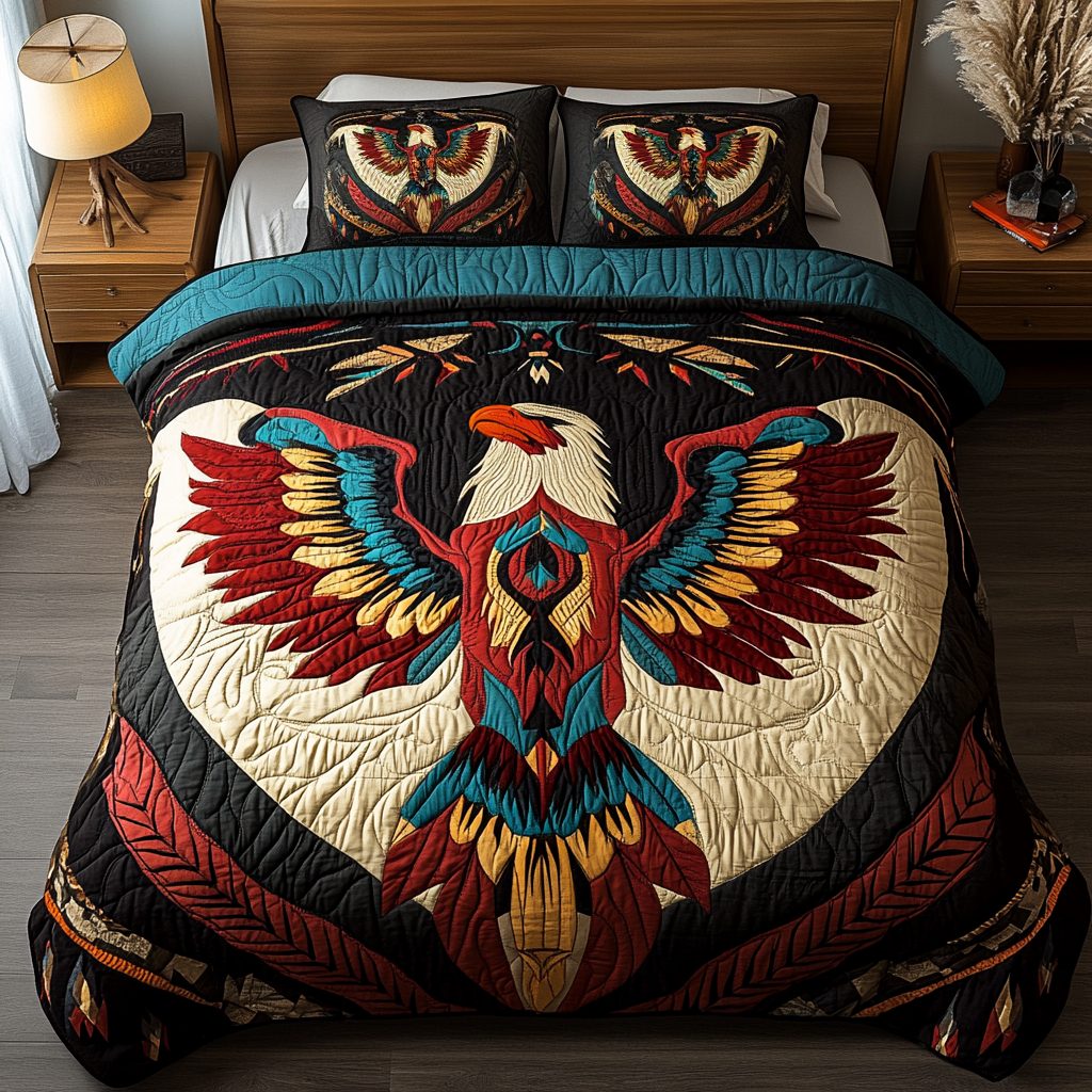 Wings of Honor quilted 3-piece bedding set on a made bed in a warmly lit bedroom
