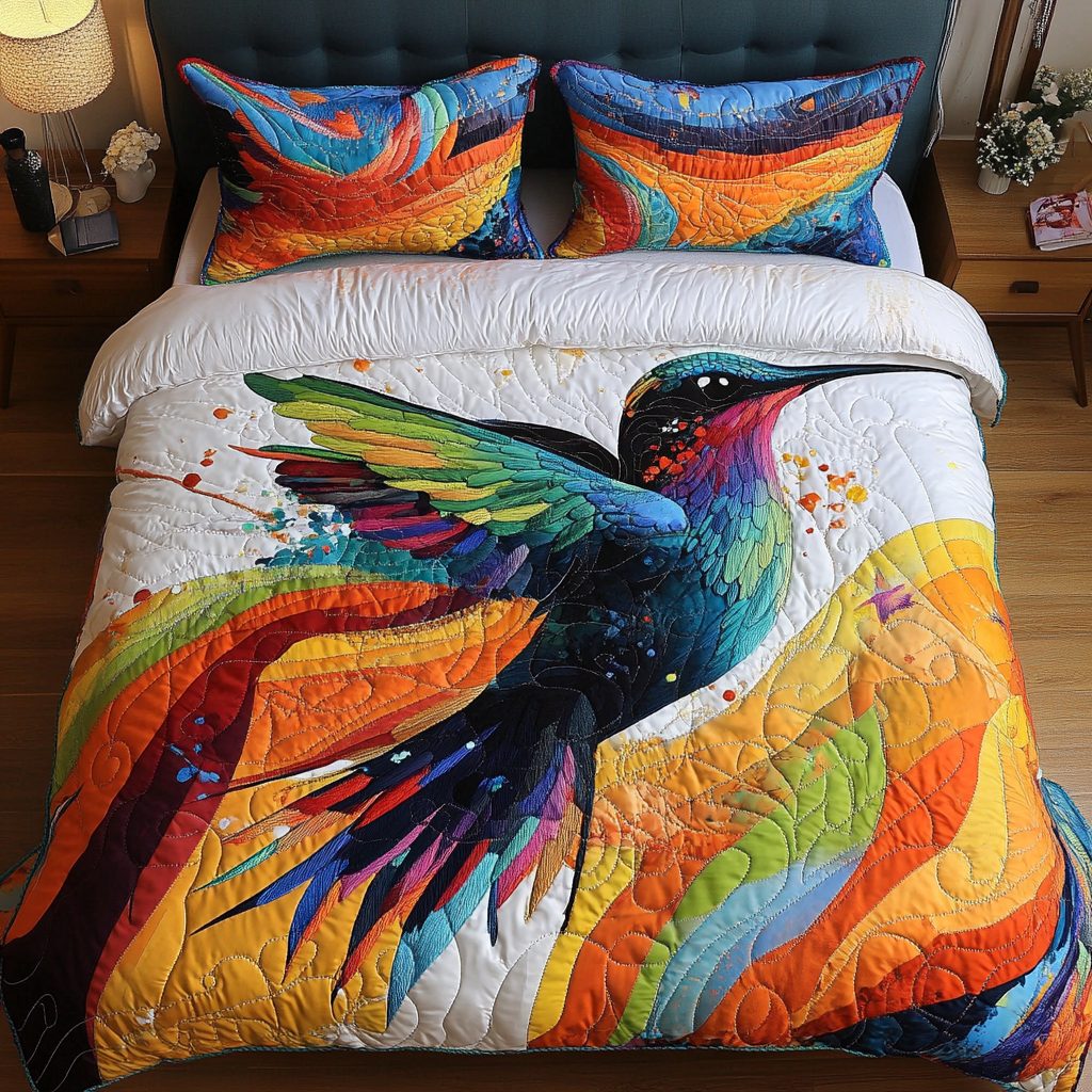Wings of Joy quilted 3-piece bedding set on a made bed with two matching pillow shams