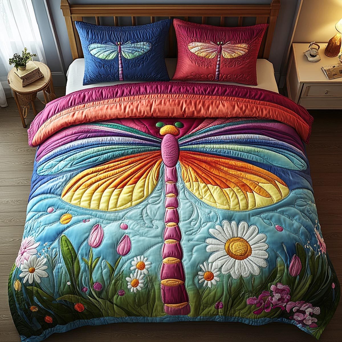 Wings Of Light quilted 3-piece bedding set on a made bed with two matching pillow shams