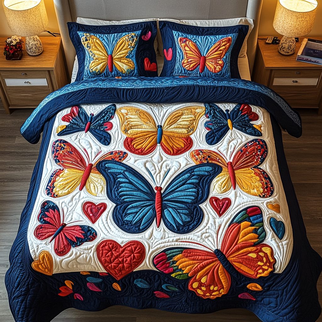 Wings of Love quilted 3-piece bedding set on a made bed with two matching pillow shams