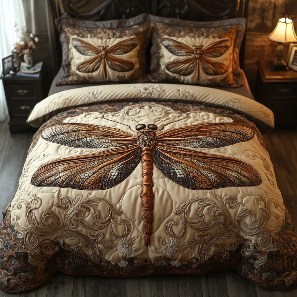 Wings of Serenity quilted 3-piece bedding set on a made bed with two matching pillow shams