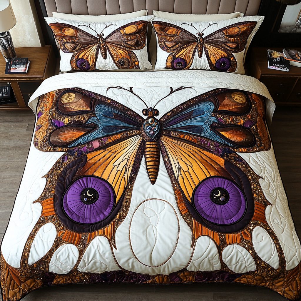 Wings of Spring quilted 3-piece bedding set on a made bed with two matching pillow shams