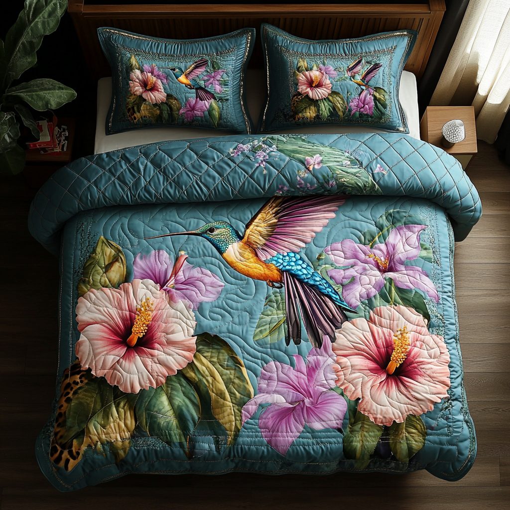 Wings of Whimsy quilted 3-piece bedding set on a made bed with two matching pillow shams
