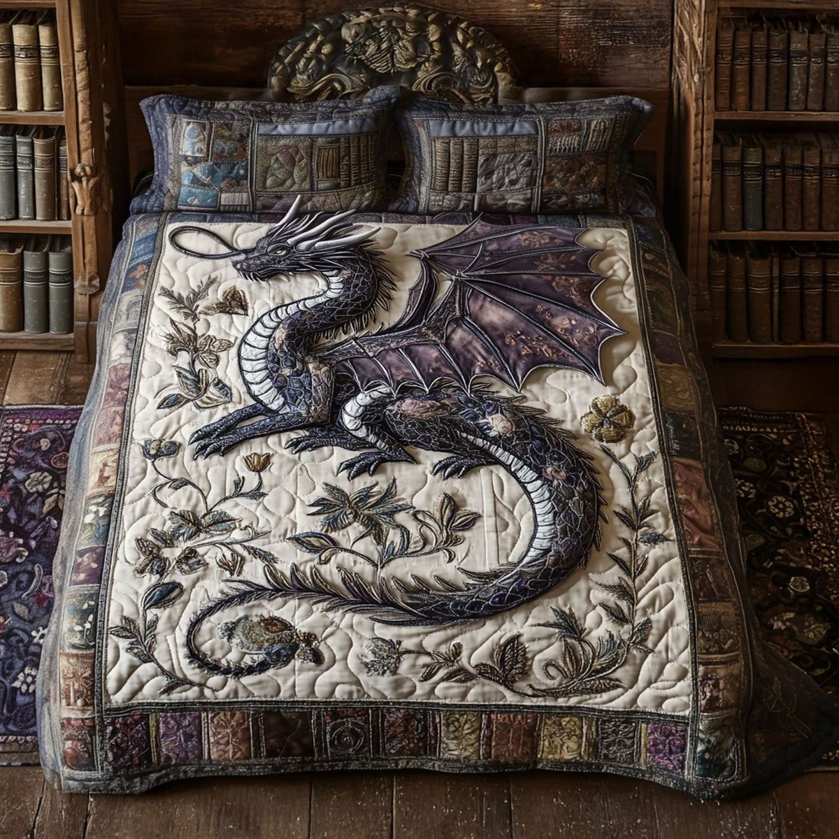 Wings of Wisdom quilted 3-piece bedding set on a made bed with two matching pillow shams