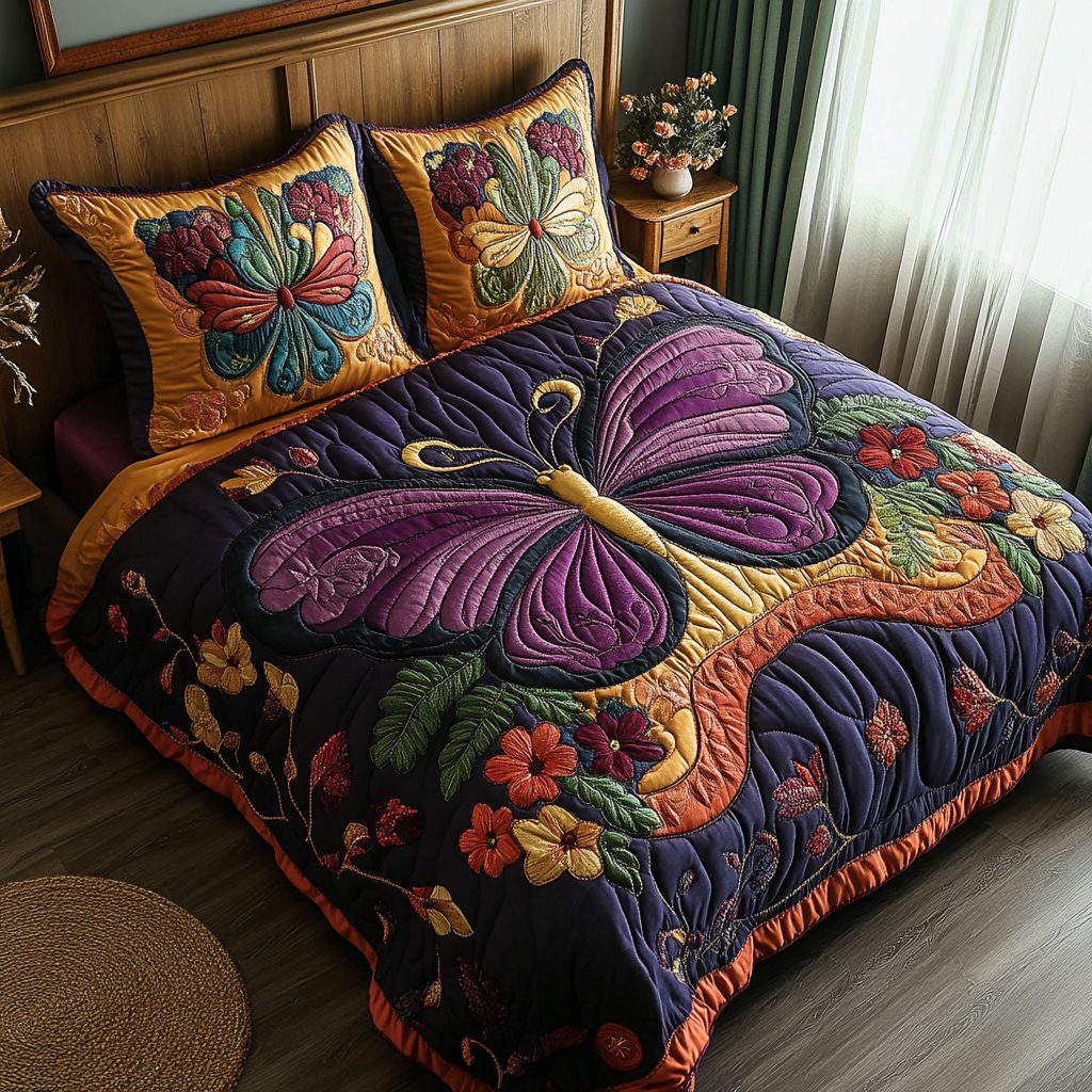 Wings of Wonder quilted 3-piece bedding set on a made bed with two matching pillow shams