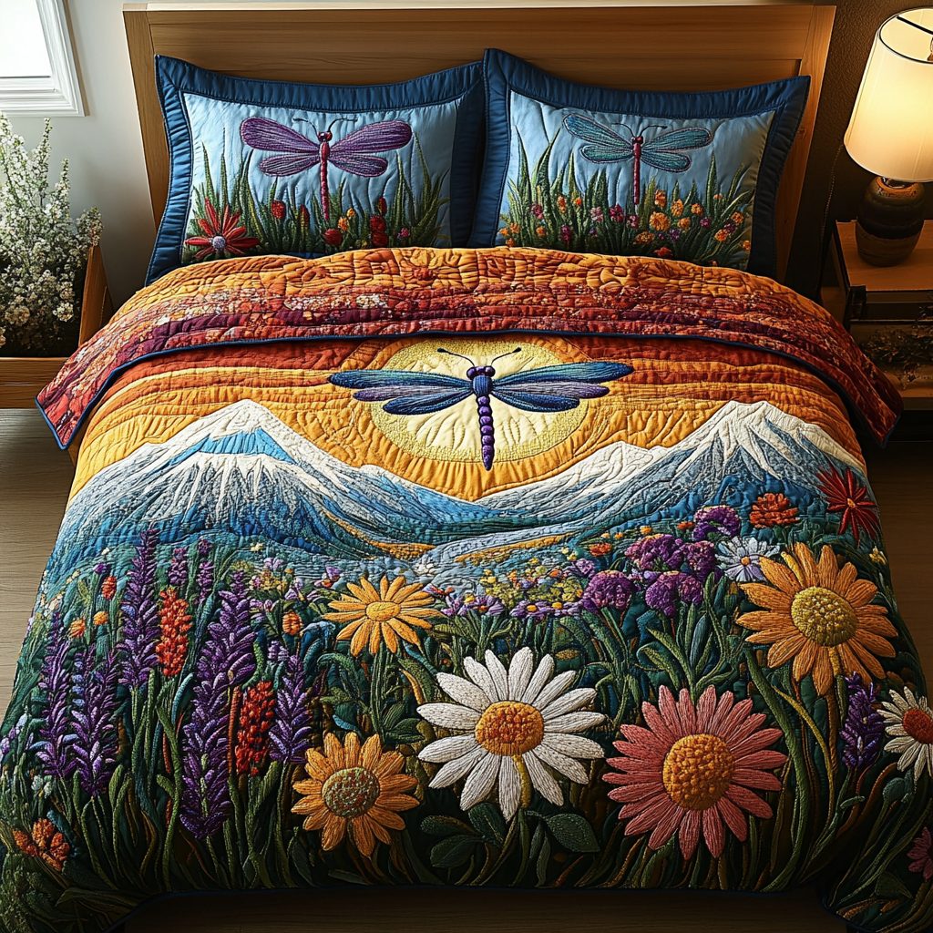 Wings of Wonder quilted 3-piece bedding set on a made bed with two matching pillow shams