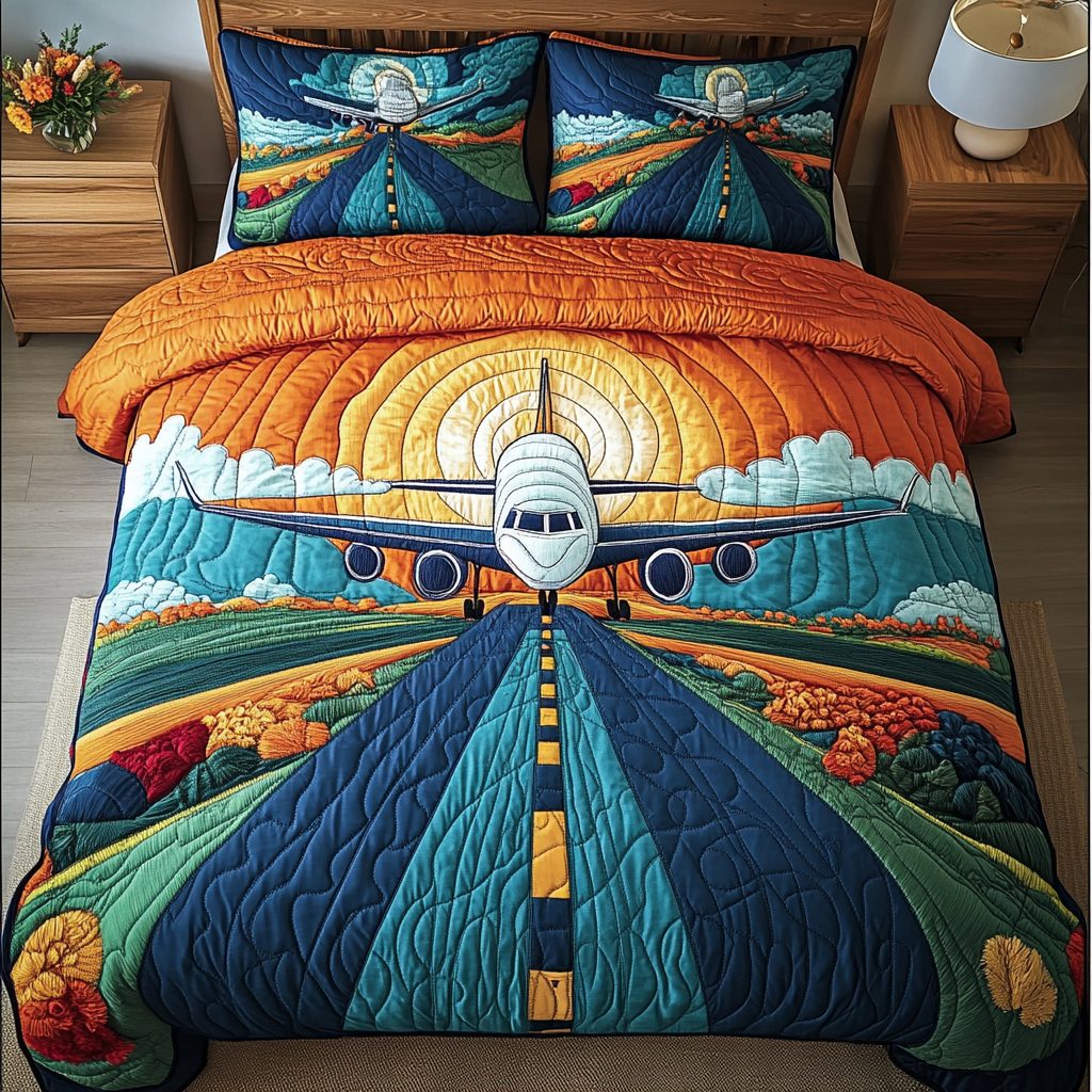 Wingspan Airplane quilted 3-piece bedding set on a made bed with two matching pillow shams
