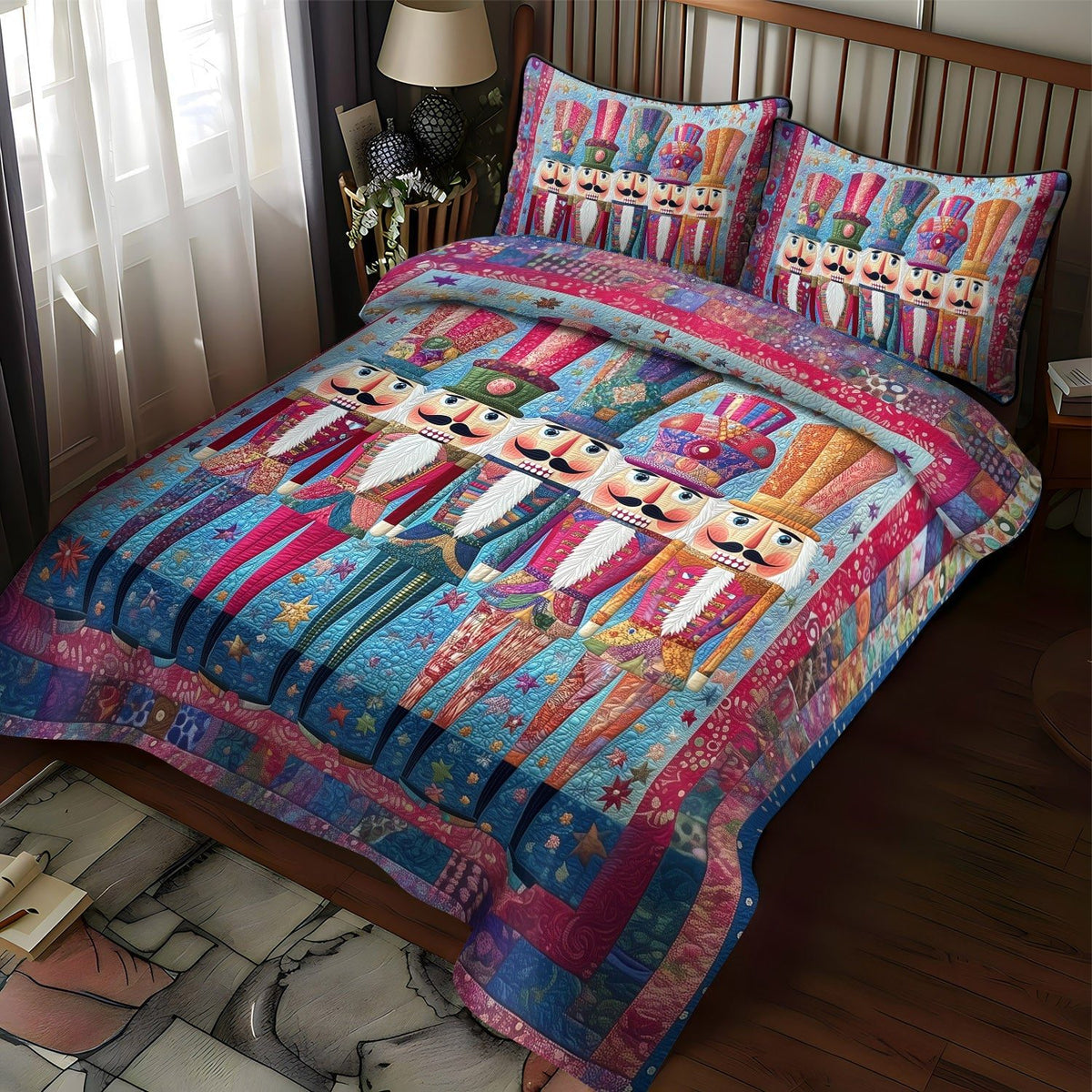 Winter Ballet Wonder quilted 3-piece bedding set on a made bed in a winter-styled bedroom